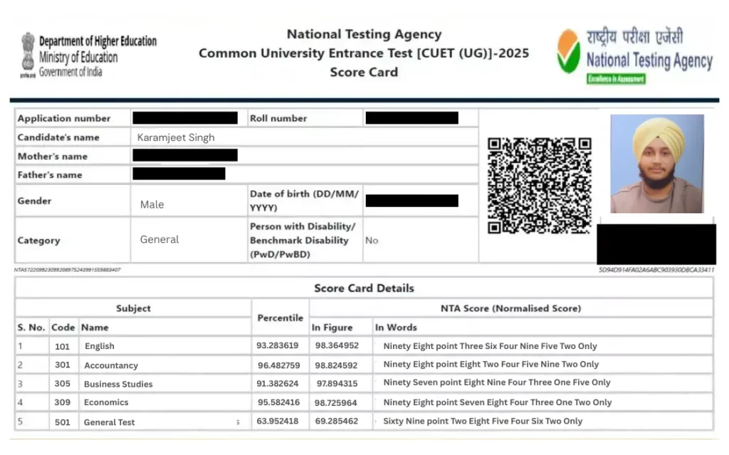 Karamjeet Singh CUET Score Card