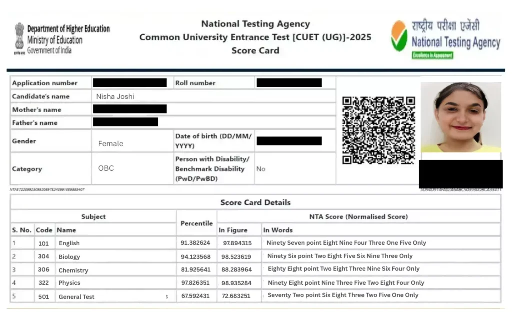 Nisha Joshi- CUET Score Card