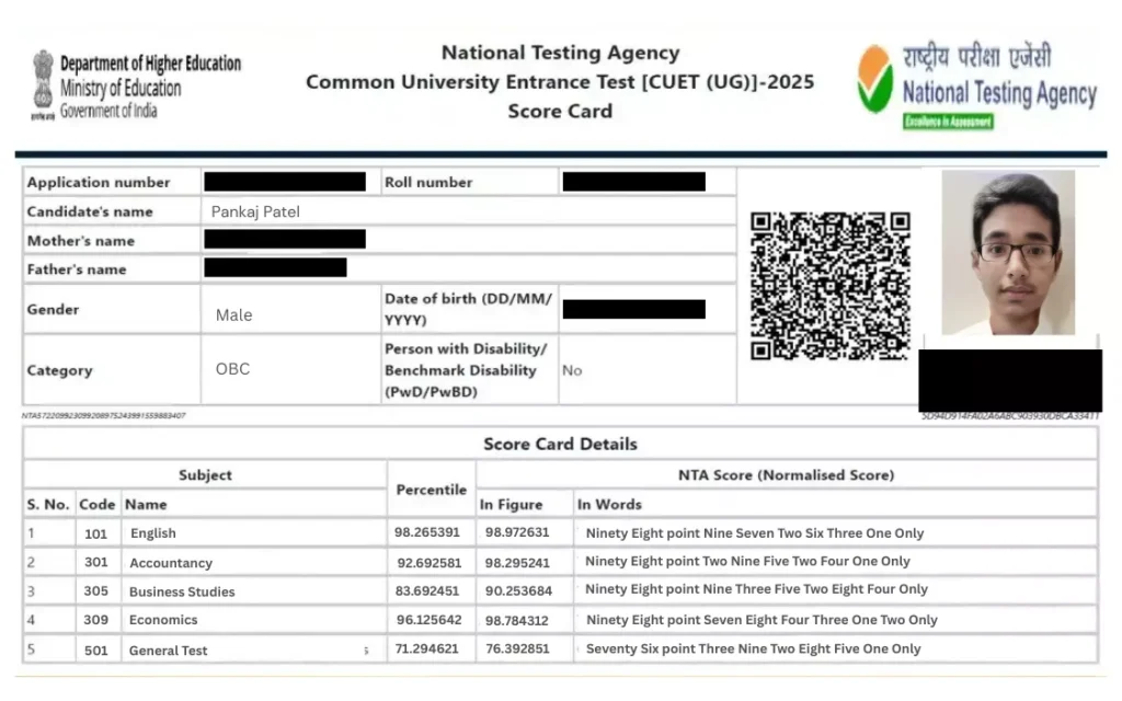 Pankaj Patel- CUET Score Card